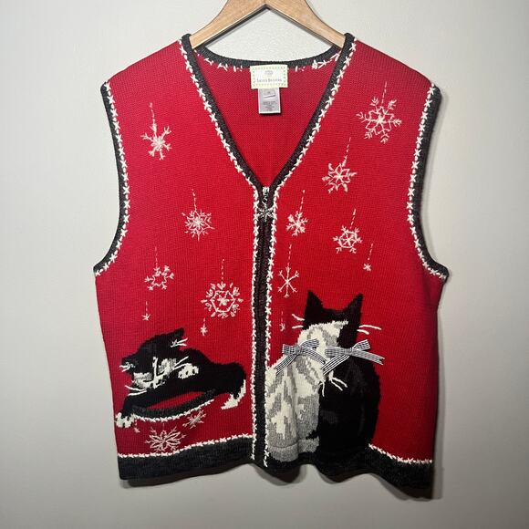 VTG 90s Susan Bristol Vest Sweater Angora Zip Cat Embroidered Christmas Ugly XL - Picture 1 of 9